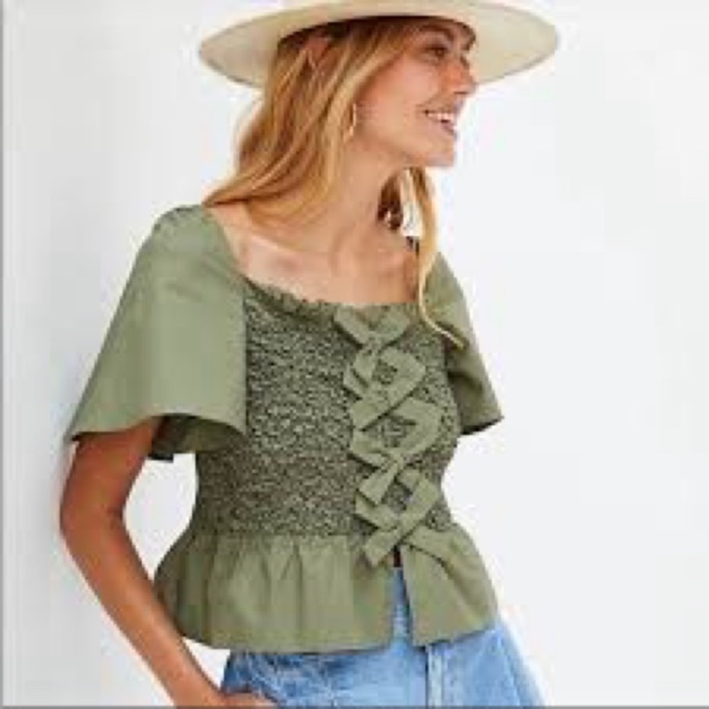Anthropologie Olive Green Smocked Ruffle Peplum Blouse M